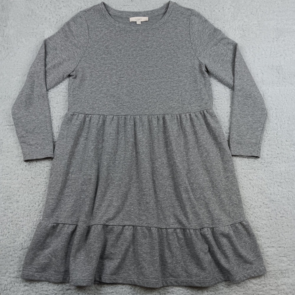 LOFT Dress Tiered Babydoll Women L Grey Long Sleeve French Terry 559457